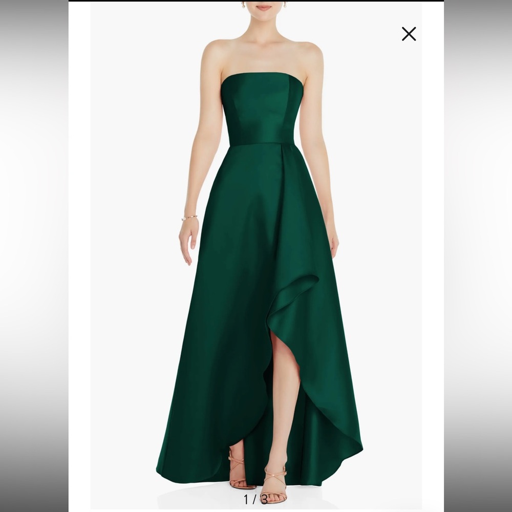 ALFRED SUNG Strapless Emerald Green High-Low Gown